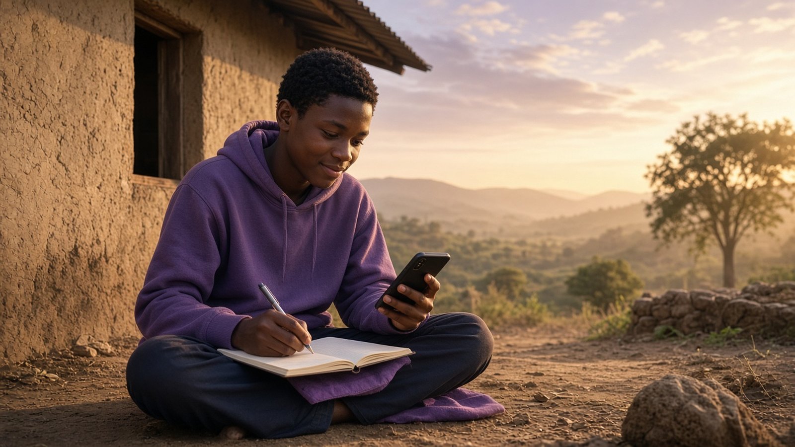 Rural student studying outdoors with a notebook and phone