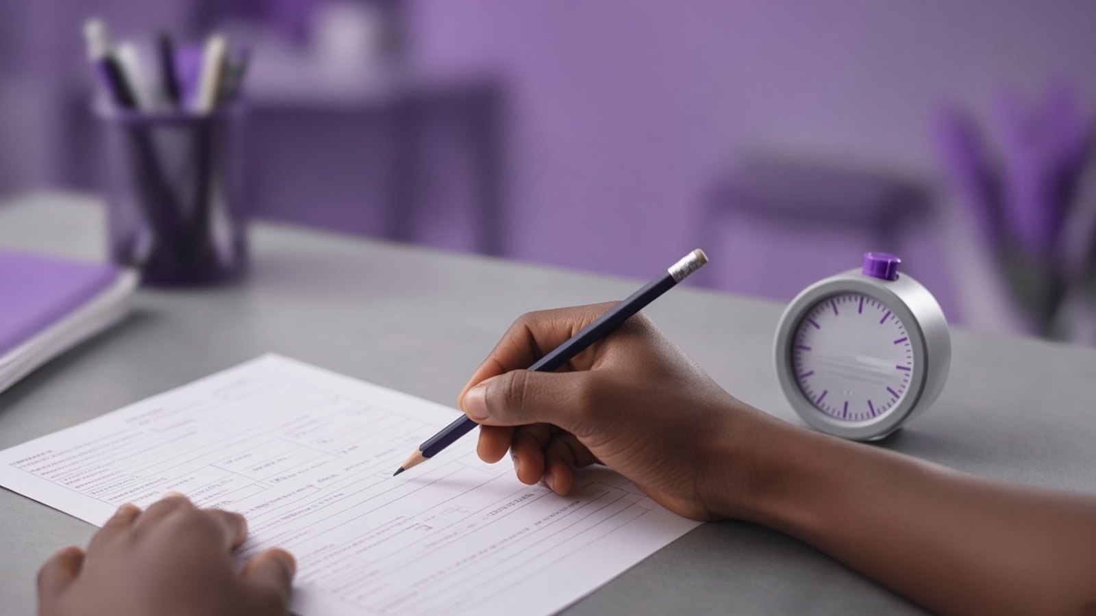 Student practicing exam questions with a timer