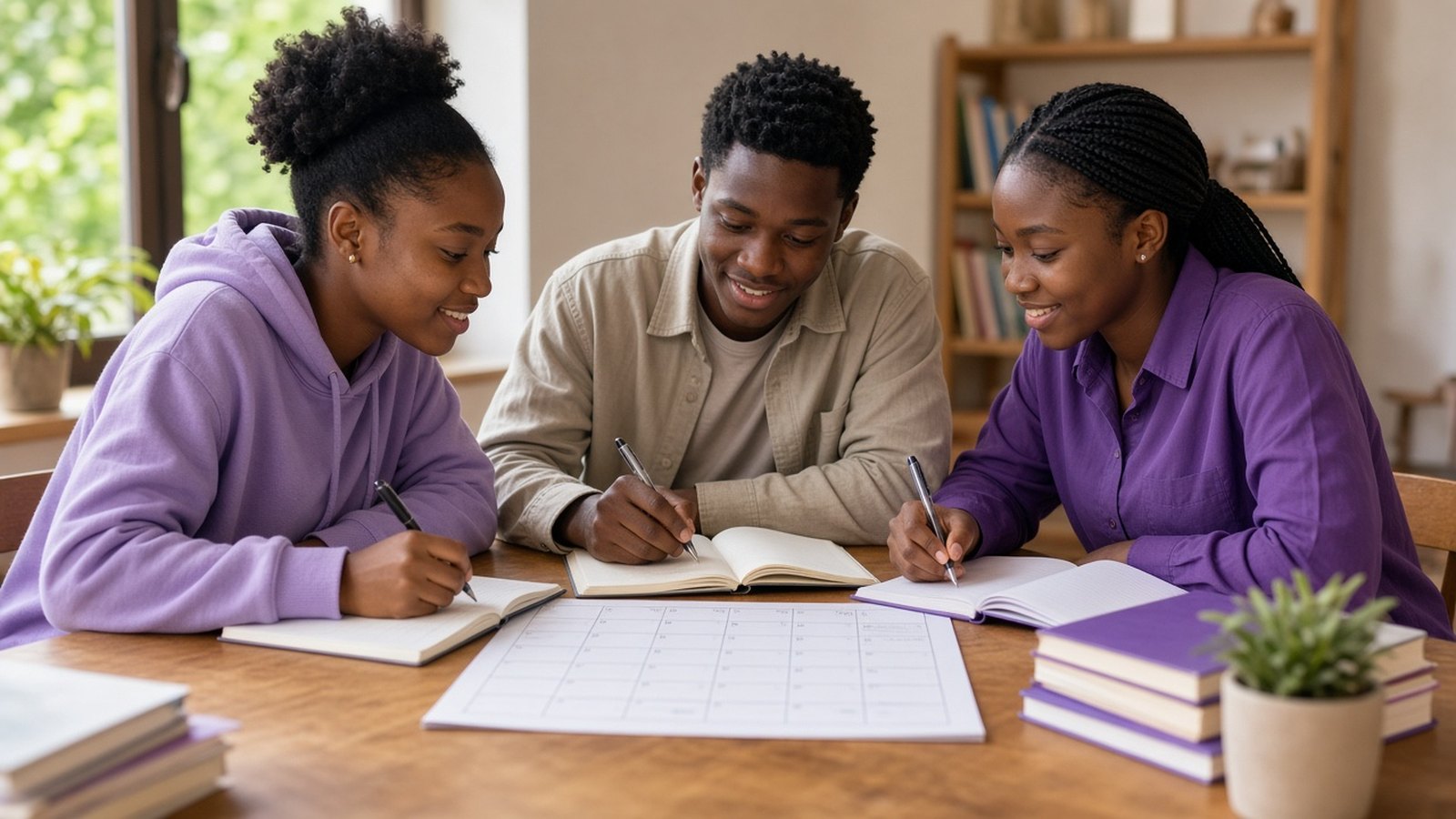 Students studying with a weekly revision planner